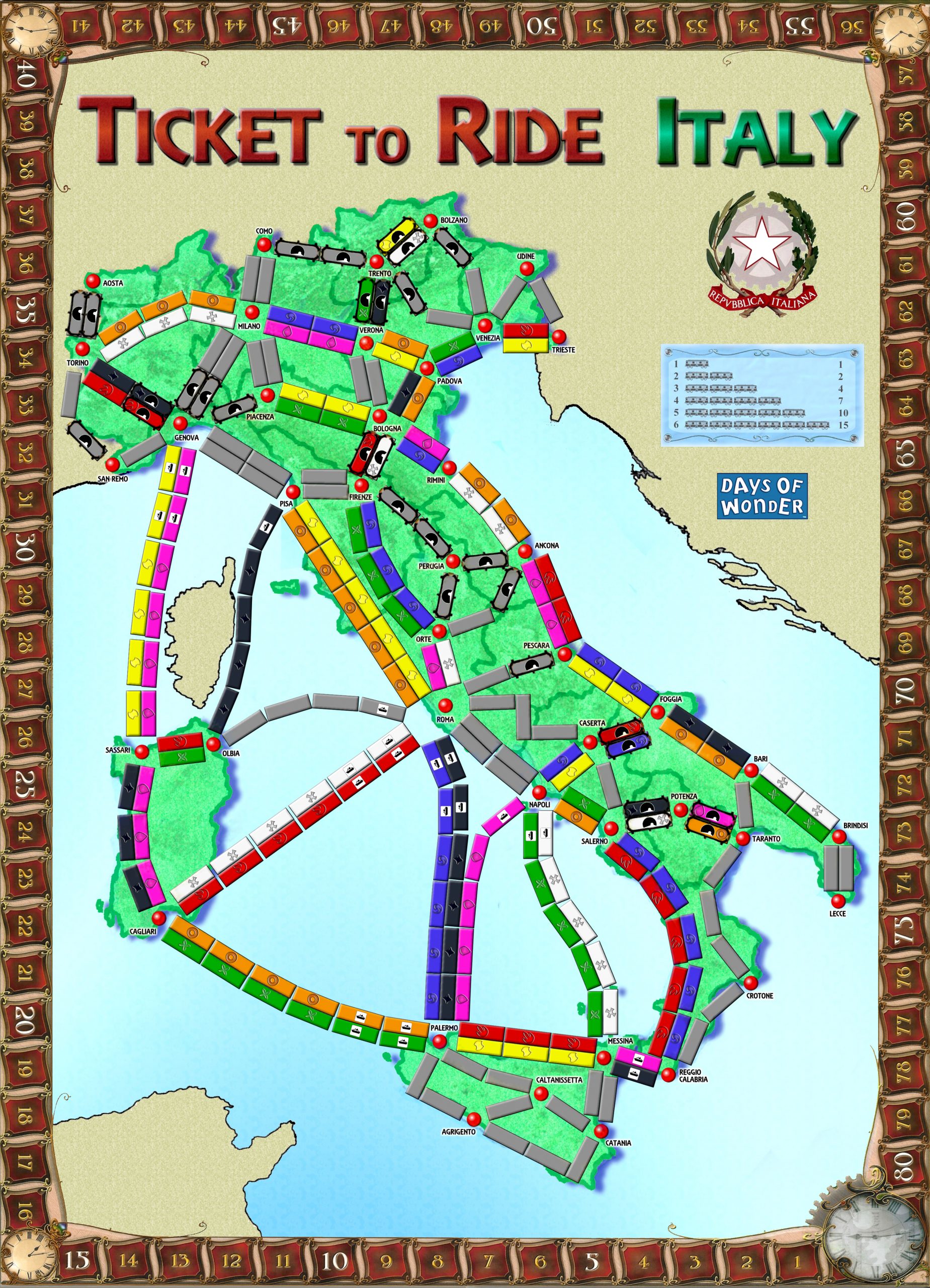 Il tabellone di Ticket to Ride Italy: l’Italia, la Sardegna e la Sicilia percorse da tratte ferroviarie e marittime colorate tra le città, da Aosta e Trieste a Cagliari e Agrigento, dentro un segnapunti in legno numerato da 1 a 80